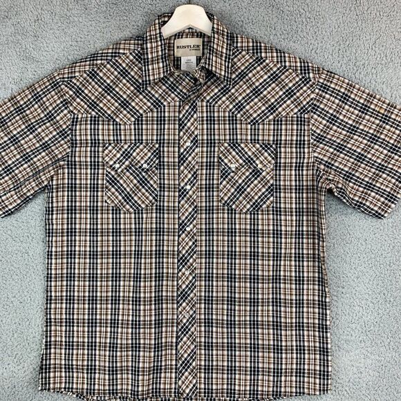Rustler Wrangler Shirt Mens Large Tan Black Plaid Western Cowboy Pearl Snap Farm - Picture 1 of 12